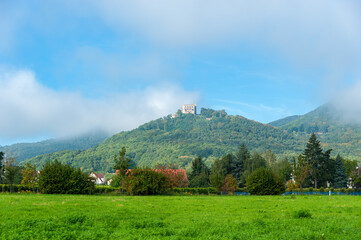 Landschaft mit Blick zum Hambacher Schloss bei Hambach. Region Pfalz im Bundesland Rheinland-Pfalz in Deutschland