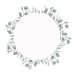 round frame of eucalyptus branches.Frame for business card, invitation, scrapbooking. hand painted, isolated watercolor illustration on white background