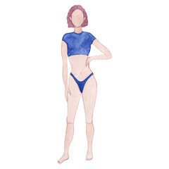 Watercolor illustration of a young white girl with pink hair in a swimsuit. Light-skinned thin woman template. Hand drawn.