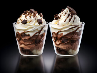 ice cream with chocolate chips in glass cup on table black background
