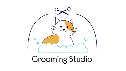 Vector logo with a cute cat in a bubble bath. Pet logo for grooming studio with scissors. Ways to care for cats. An illustration of hygienic care for pets. Washing and grooming pets