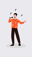 Vector illustration of a smiling boy who sings. A man in stylish clothes speaks to the public. A character with a microphone in his hand performs a song. Eurovision concept, music competitions.