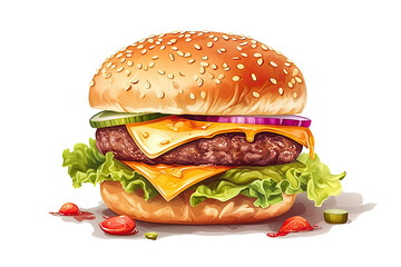  hamburger with meat and cheese, vegetable, transparent background, Generative AI 