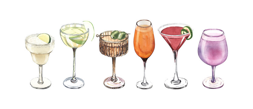 Watercolor cocktail glasses set: martini, gin, wine, margarita, goblet, liquor, rum. Hand-drawn illustration isolated on white background. Perfect for recipe lists with alcoholic drinks, for cafe