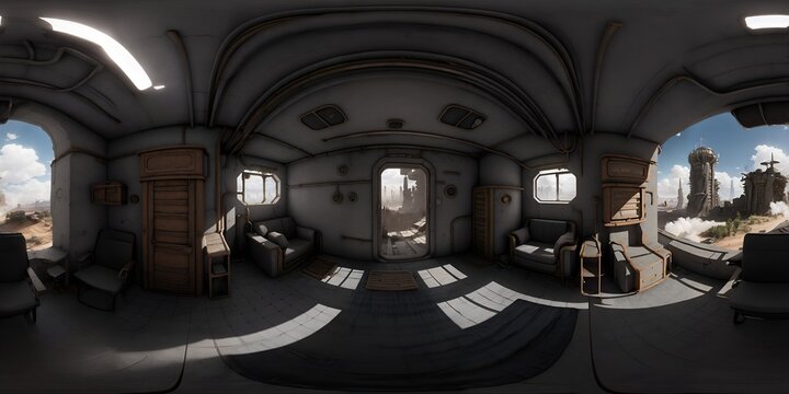 Post-apocalyptic ruined city. Destroyed buildings 360 Panorama HDRI interior.