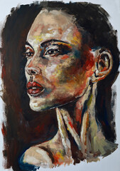 Portrait of a girl - acrylic painting. Abstract portrait of a beautiful emotional woman. Conceptual abstract multicolor close up handmade oil drawing