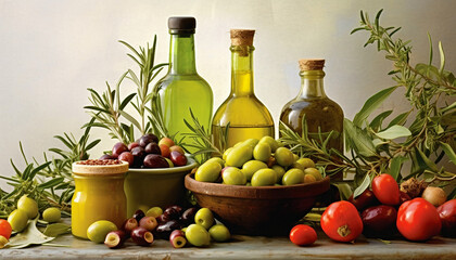 Olive oil bottles and various ingredients