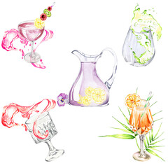 cocktail set. summer bright drinks in different glasses. Watercolor illustration. for banners, postcards, websites