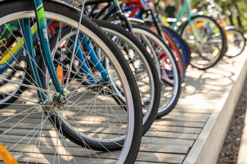 Bicycles standing in a row in the parking lot in the city park