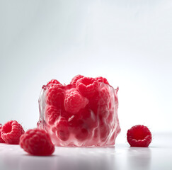 Fresh ripe raspberies in the ice cube. Frozen raspbery. Raspberry in ice. IA generated