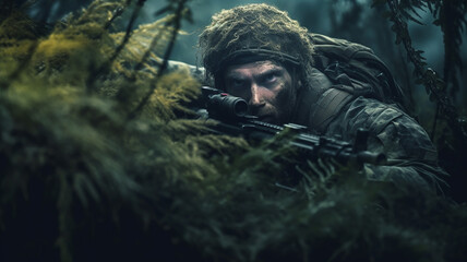 A scout analyses the positions of the opponents being hidden in the bushes