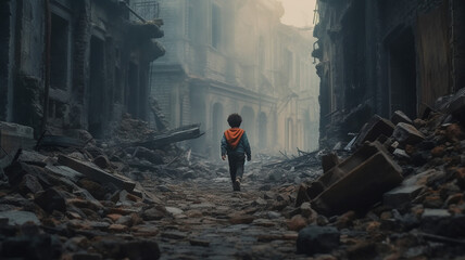 Generative AI a child walking on a destroyed street