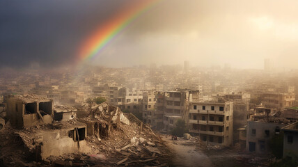 Generative AI a rainbow over the ruins of a city destroyed by bombings