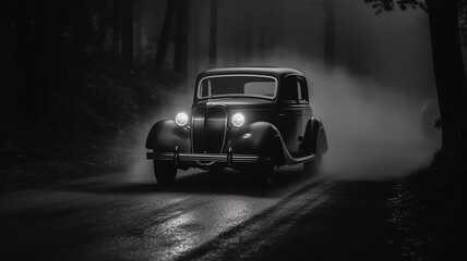 Fototapeta na wymiar Generative AI a vintage black car driving on a road