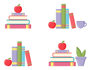 Books and apple set. School design. Vector illustration