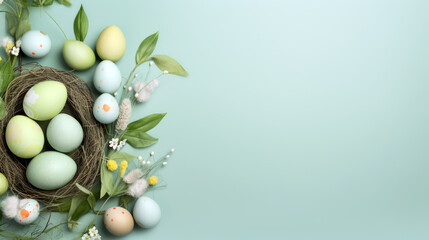 Picture  Easter poster and banner template, where a nest filled with vibrant Easter eggs. Place for text. Generative ai