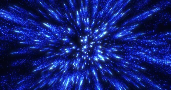 Abstract colorful dust explosion of particles, movement of glowing particles, speed of light, fireworks from dots and particles, space scene, futuristic background. Seamless loop 4k video