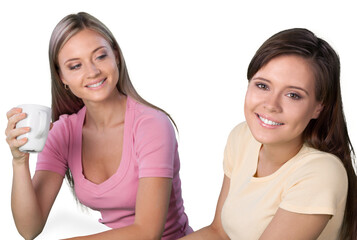 Portrait of Two Girlfriends , Sisters Having a Coffee