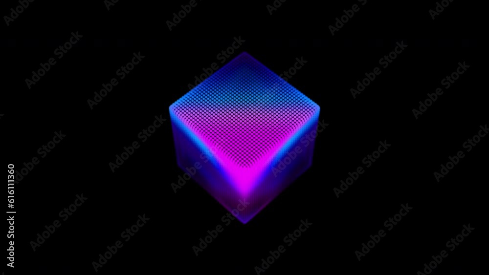Poster looped distortion waves on abstract cube of particles. digital data splash of box point array. futur