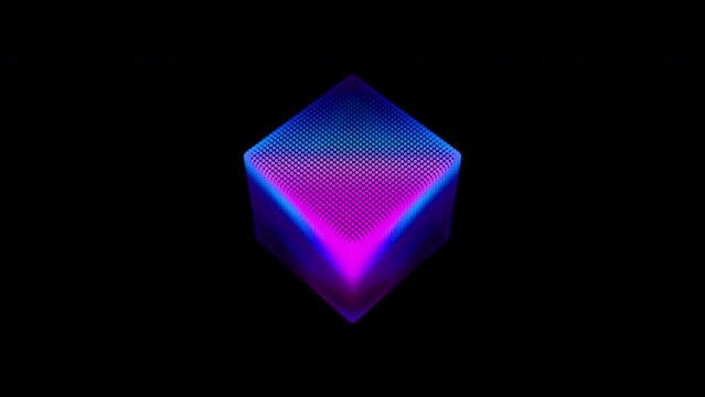 Looped distortion waves on abstract cube of particles. Digital data splash of box point array. Futuristic glitch UI element