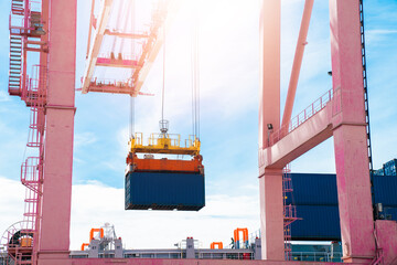 Business Logistics concept,Truck in container depot in import and export area at port,Container Cargo freight ship for Logistic Import Export