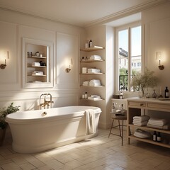 Fototapeta na wymiar large bathroom with a bathtub and a bookcase, in the style of light gold and light bronze, vray tracing, french countryside, american mid-century design, tonal sharpness, flattering lighting, porcelai