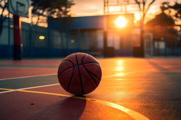 ball at outdoor basketball court at sunset ai generated art