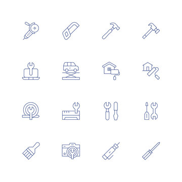 Repair Line Icon Set On Transparent Background With Editable Stroke. Containing Grinder, Hacksaw, Hammer, It Support, Jack, Renovation, Repair, Repair Tools, Paintbrush, Photo Camera, Screwdriver.