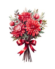 Bouquet of red chrysanthemums tied with red ribbon isolated on white background in watercolor style. Generative AI.