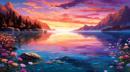 Fototapeta na wymiar Sunset or sunrise with lake, nature landscape background. Evening or morning view. AI illustration. For wallpaper.