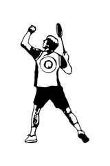 Fototapeta na wymiar Badminton player. Man preparing for an overhead forehand shot. Poster template. Black and white hand-drawn image. Vector illustration on a white background.