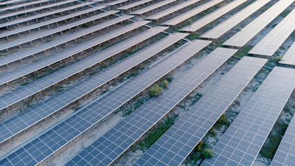 Future green energy and sustainable electricity resource concept. Outdoor focus on solar panels on rooftops or photovoltaics of factories by drone. Industrial roof with solar cell grid with blue tone.