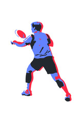 Badminton player. Poster template. Blue and red hand-drawn image. Vector illustration on a white background.