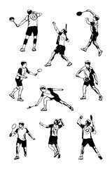 Badminton player with racket. Man performing a clear shot. Poster template. Black and white set. Vector illustration on a white background.