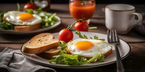 Traditional breakfast with fried eggs, toast and salad on the plate. AI generated