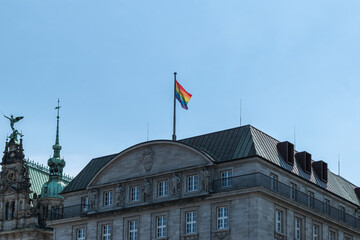 rainbow flag on the bank building in Hamburg