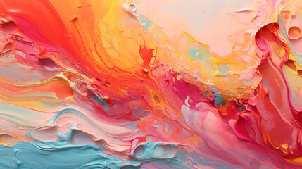 暖色系の色と水色の抽象的なペイント背景　Generative AI