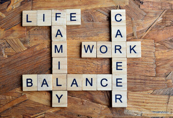 life balance family work career text on wooden square, business quotes