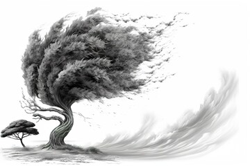 drawing tree in strong wind isolated on white background. AI generated.