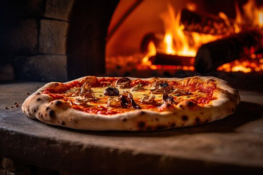 Italian pizza cooked in traditional italian wood fired oven. Generative Ai image