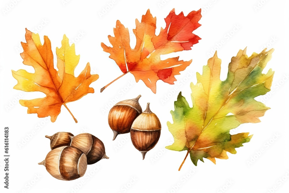 Wall mural set of autumn acorn and leaves painted in watercolor on a white isolated background.