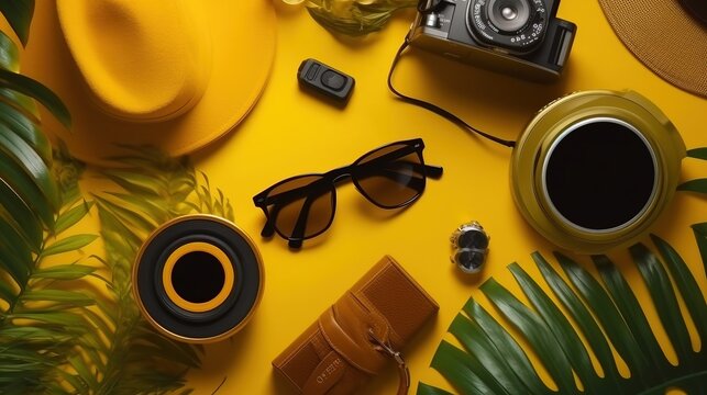 a camera sunglasses and a hat on a yellow surface. Generative AI Art.