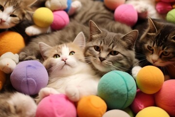 Fototapeta na wymiar Beautiful cat surrounded by pile of catnip toys. Generative AI