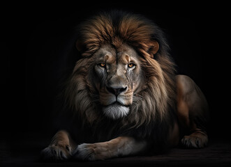 Naklejka na ściany i meble Portrait of a sitting lion on a dark background. Generative AI Illustration