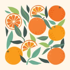 Foto op Plexiglas Modern abstract illustration oranges with leaves and branches. Fruits pattern. Modern botany art print. Set of citrus tropical fruits. Summer vector design for invitations, posters, cards, banners. © Anna Bova