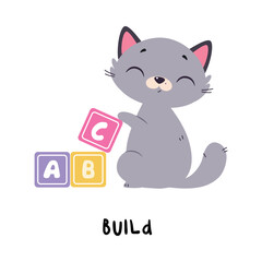 Funny Grey Cat Build with Toy Blocks as English Verb for Educational Activity Vector Illustration