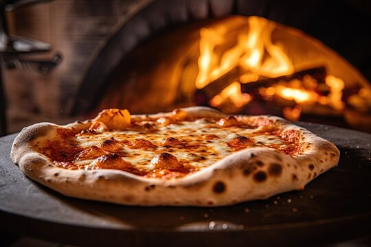 Italian pizza cooked in traditional italian wood fired oven. Generative Ai image