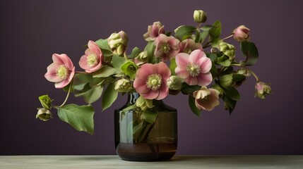 Hellebores flowers in a pink glass vase Generative AI