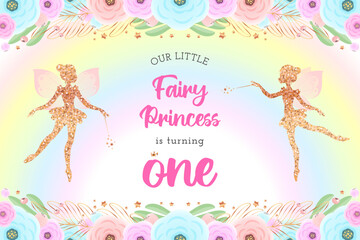 Cute fairy backdrop for a first birthday party. Beautiful background with a little pixie silhouette, rainbow and a floral frame. Vector illustration 10 EPS. - obrazy, fototapety, plakaty