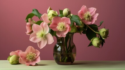 Naklejka na ściany i meble Hellebores flowers in a pink glass vase Generative AI